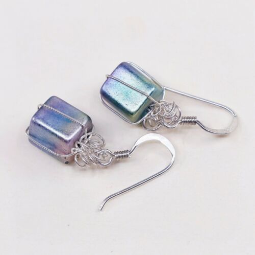 Vtg Sterling Silver Handmade Earrings W/ Blue Glass, 925 Gift Box W/ Glass