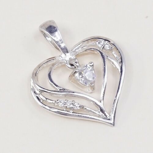 Vintage Sterling Silver Heart Pendant W/ Cz Dangle, Solid 925 Silver Charm