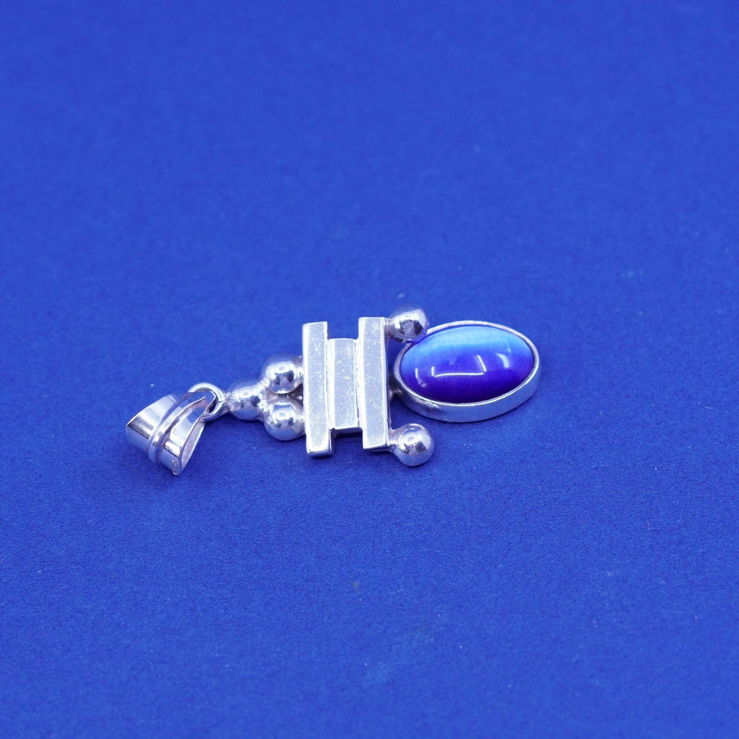 Vintage Sterling silver handmade pendant, 925 charm w/ blue cats eye and beads