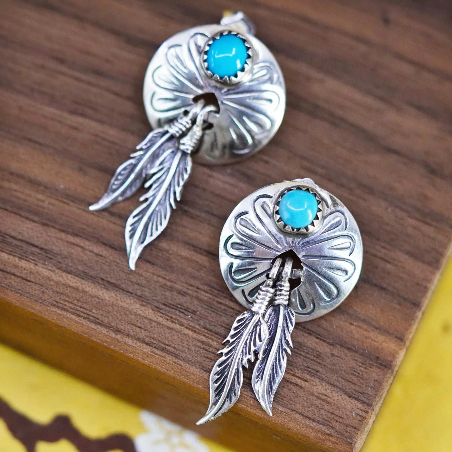 Vintage Sterling 925 silver handmade net earrings with turquoise and feather