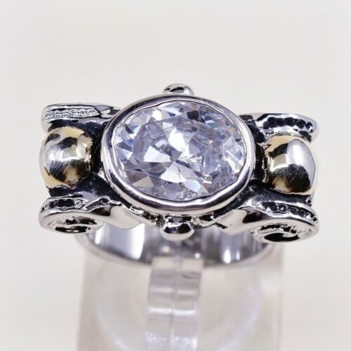 Size 6.5, Vtg Two Tone Sterling 925 Silver Handmade Ring W/ Gold Tone Beads N Cz