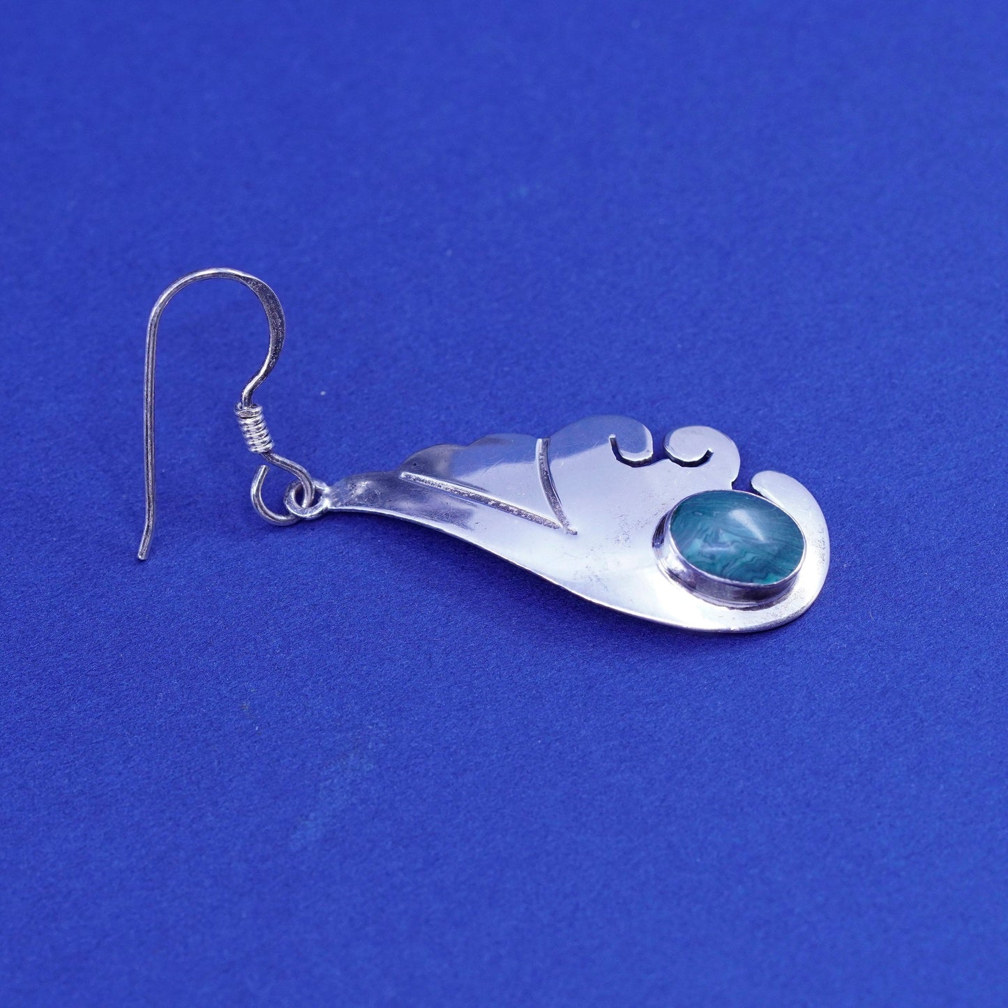 vtg mexico sterling silver handmade earrings, 925 wings dangles oval malachite