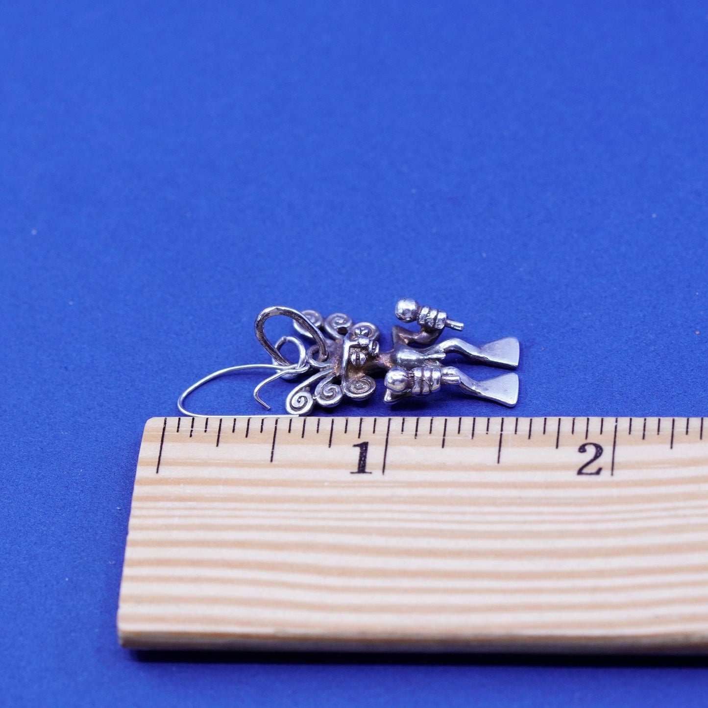 Vintage sterling silver handmade earrings, 950 filigree Peruvian god Incas