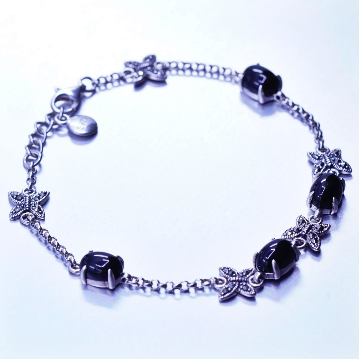7”, MGS Sterling 925 silver bracelet with obsidian and marcasite butterfly