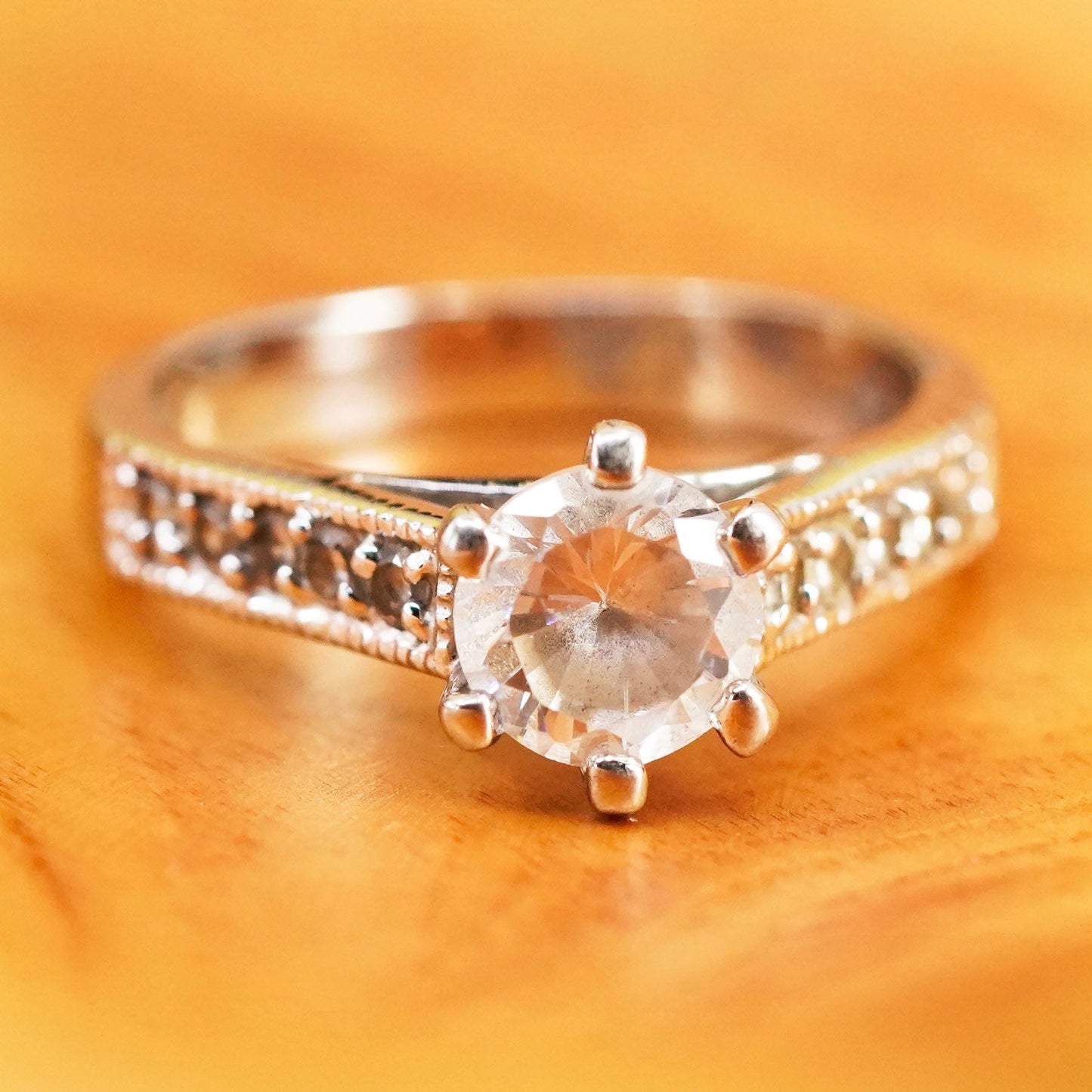 Size 8, vintage Sterling 925 silver engagement ring with crystal ring
