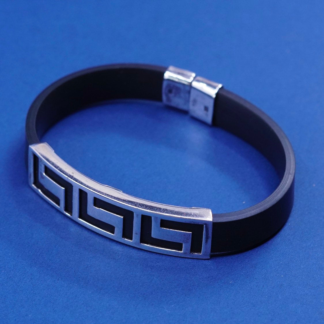 6.75”, vtg Sterling silver handmade bracelet, 925 Greek key bar w/ rubber band