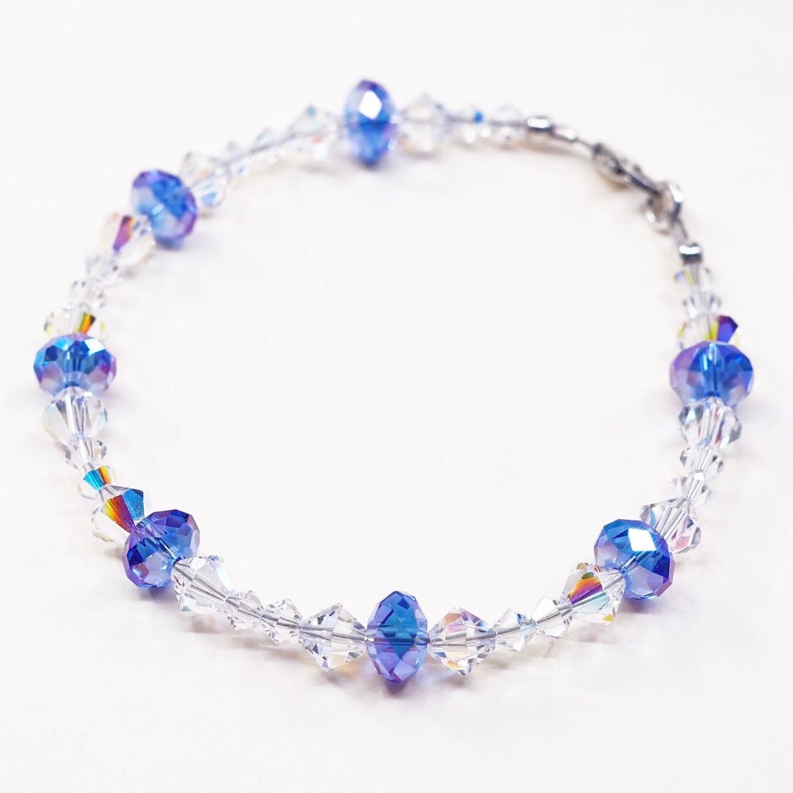 7.25", Sterling silver handmade bracelet, clean N blue crystal Swarovski beads