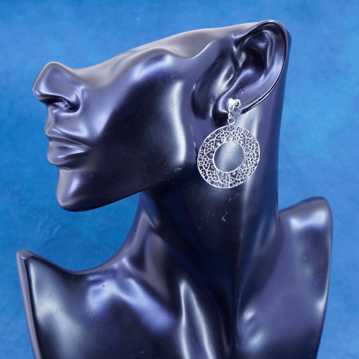 Vintage Sterling silver handmade earrings, 925 Bali filigree circle drops