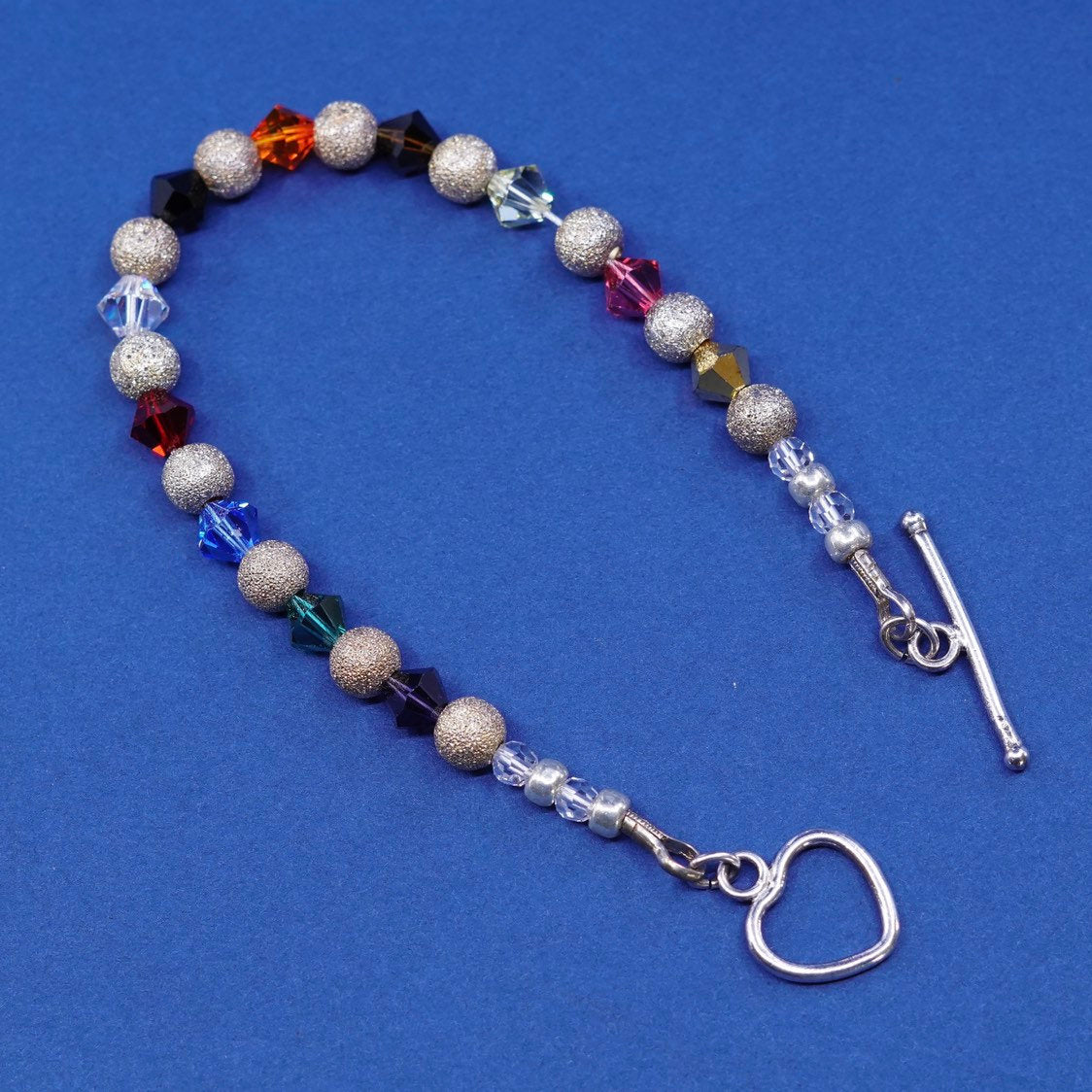 7.25”, sterling silver handmade bracelet, 925 beads w/ crystal beads N heart