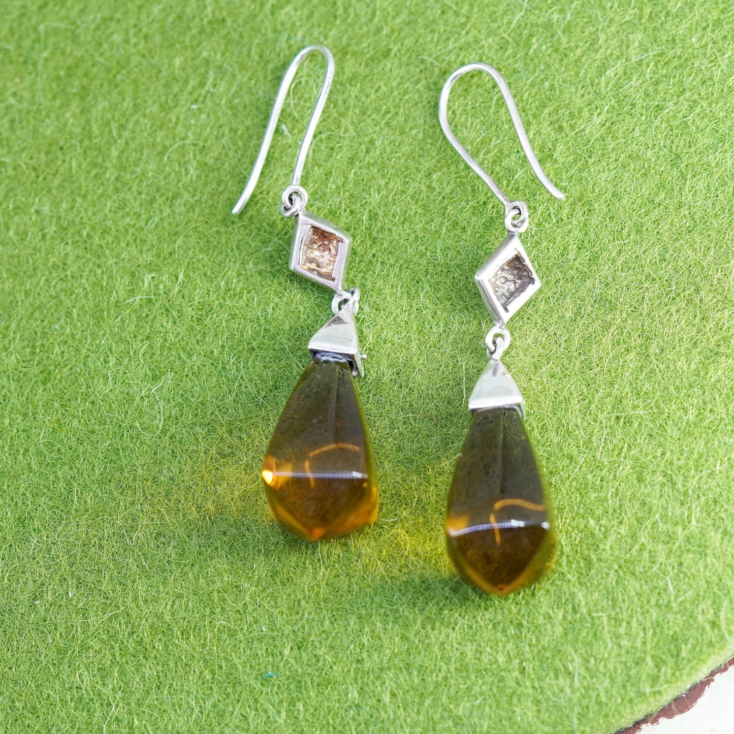 vtg Hong Kong sterling 925 silver handmade earrings with teardrop smoky quartz