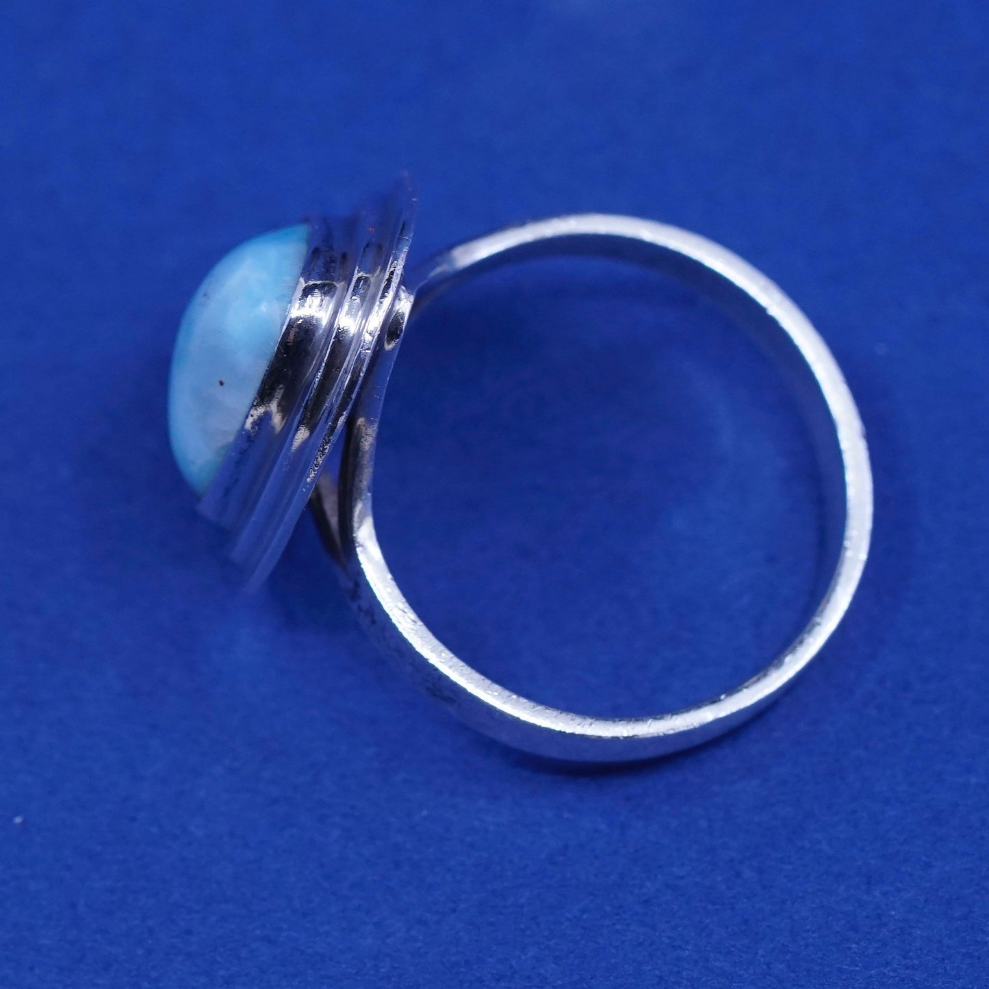 Size 7.75, Vintage sterling 925 silver handmade ring with larimar, stamped 925