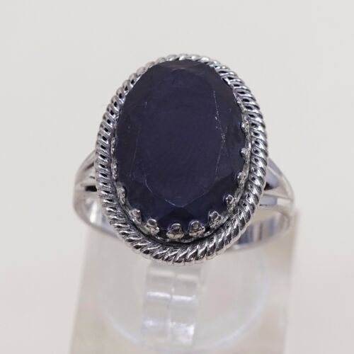 Sz 6.5 Vtg JP 925 Silver Handmade Ring w/ Oval Hematite, Stamped Sterling