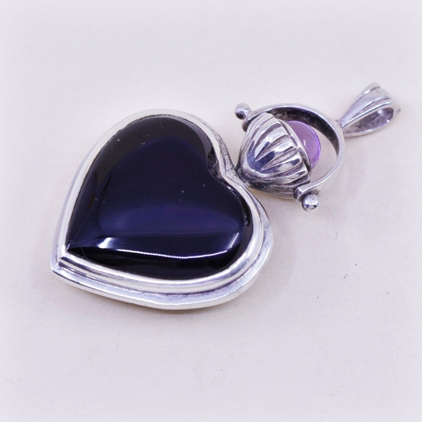 vintage sterling silver handmade pendant, 925 heart w/ obsidian mother of pearl