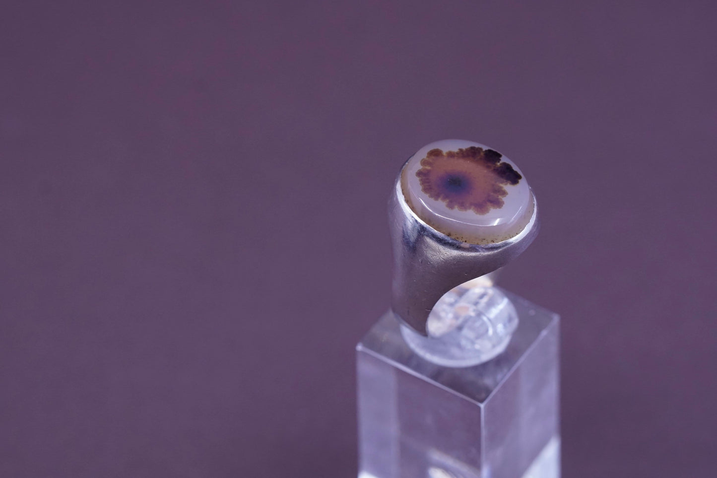 sz 11, vtg Sterling 925 silver handmade ring with wood pattern dendritic agate