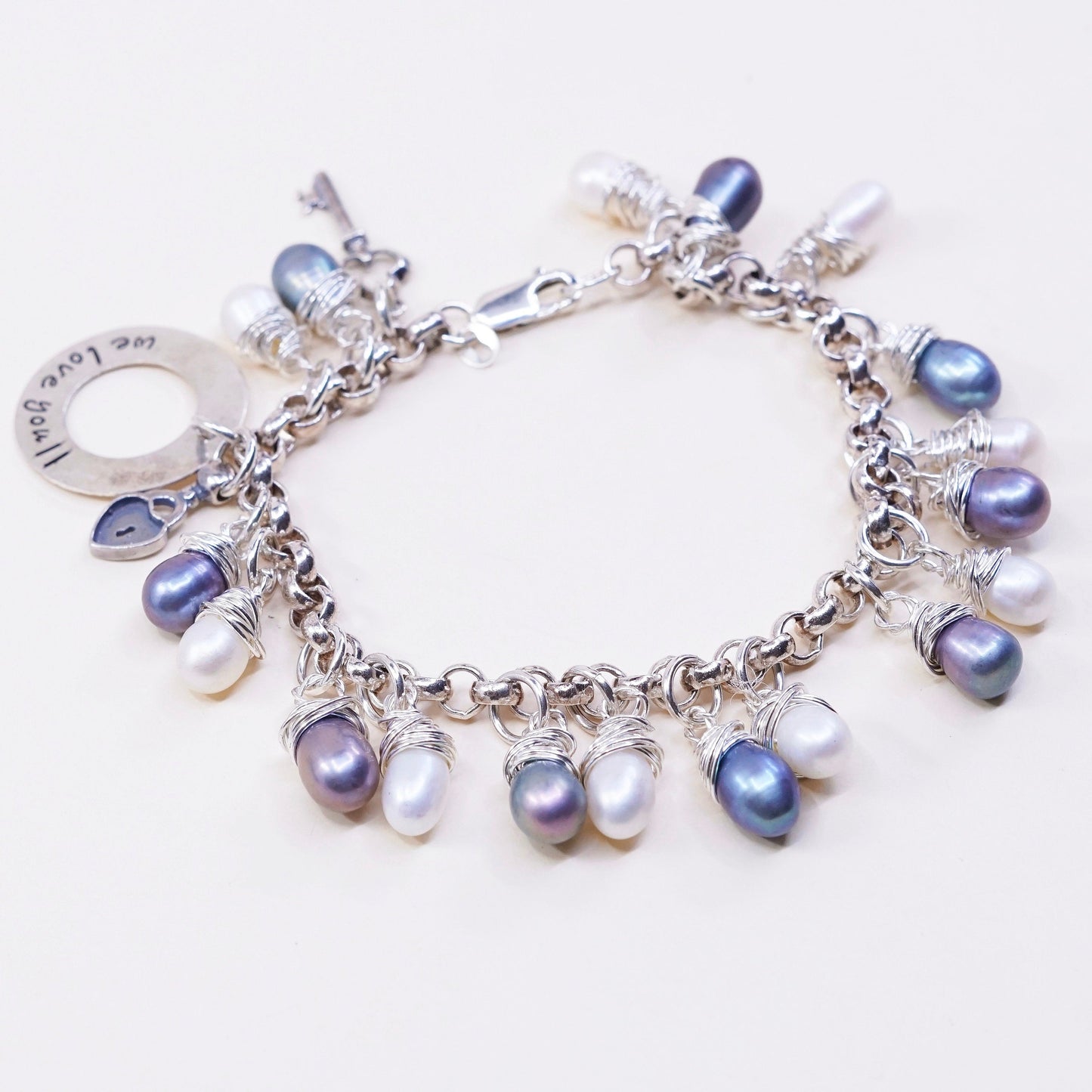 7”, vtg sterling 925 silver handmade bracelet w/ pearl N “we love you” charm