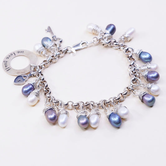 7”, vtg sterling 925 silver handmade bracelet w/ pearl N “we love you” charm