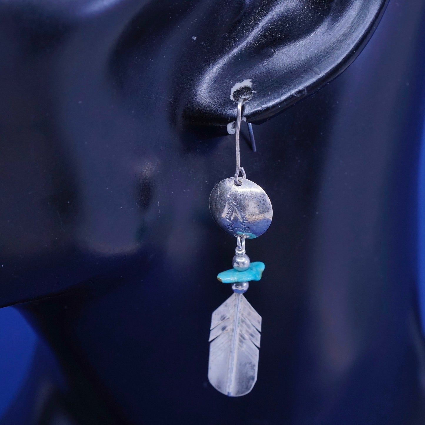 vtg LHTO sterling silver handmade earrings, 925 disc N feather w/ turquoise