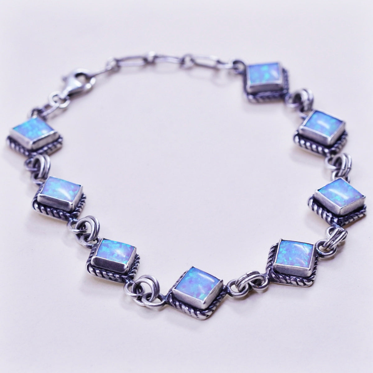 6.5+1”, vintage Sterling 925 silver tennis bracelet with opal and cable