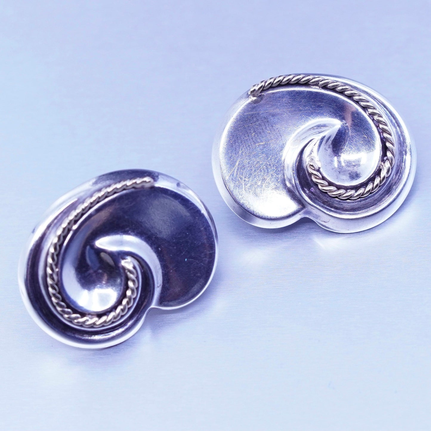 Vintage designer 14K cable swirly Sterling 925 silver handmade earrings, studs