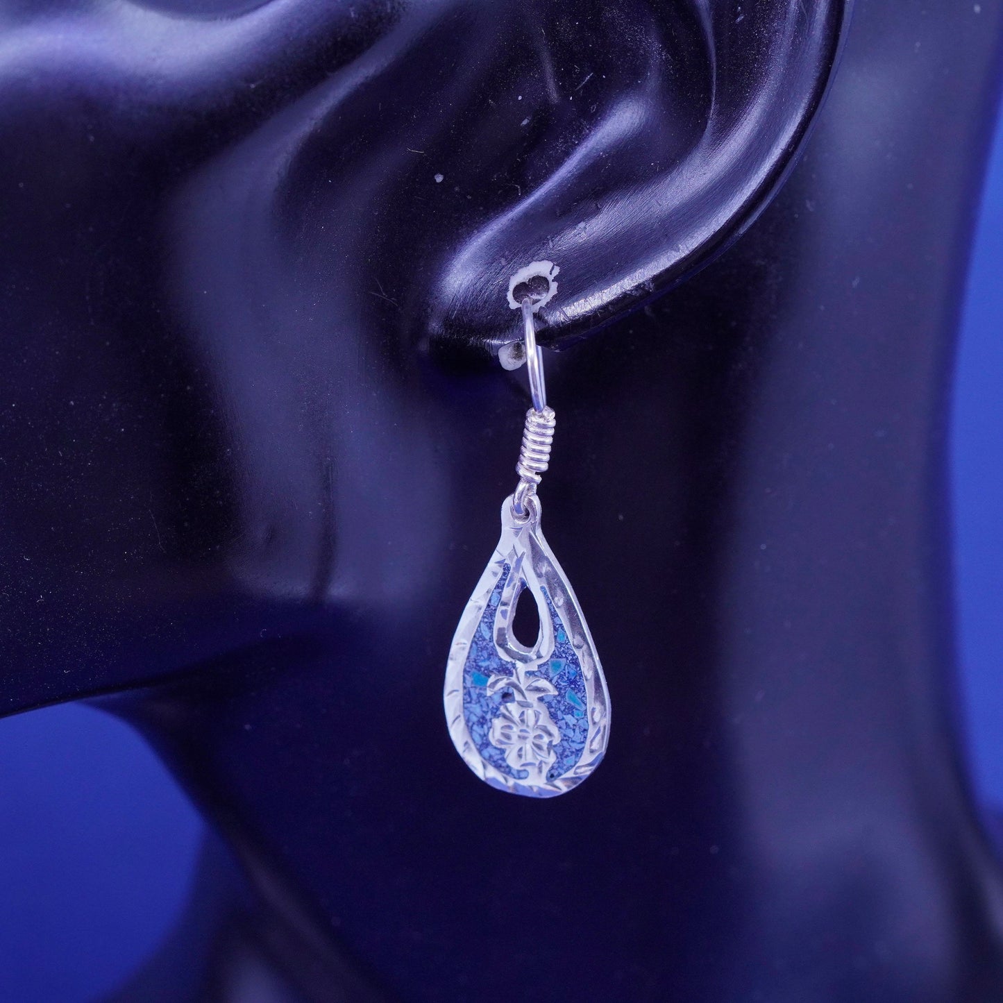 Vintage sterling 925 silver handmade teardrop earrings with turquoise inlay