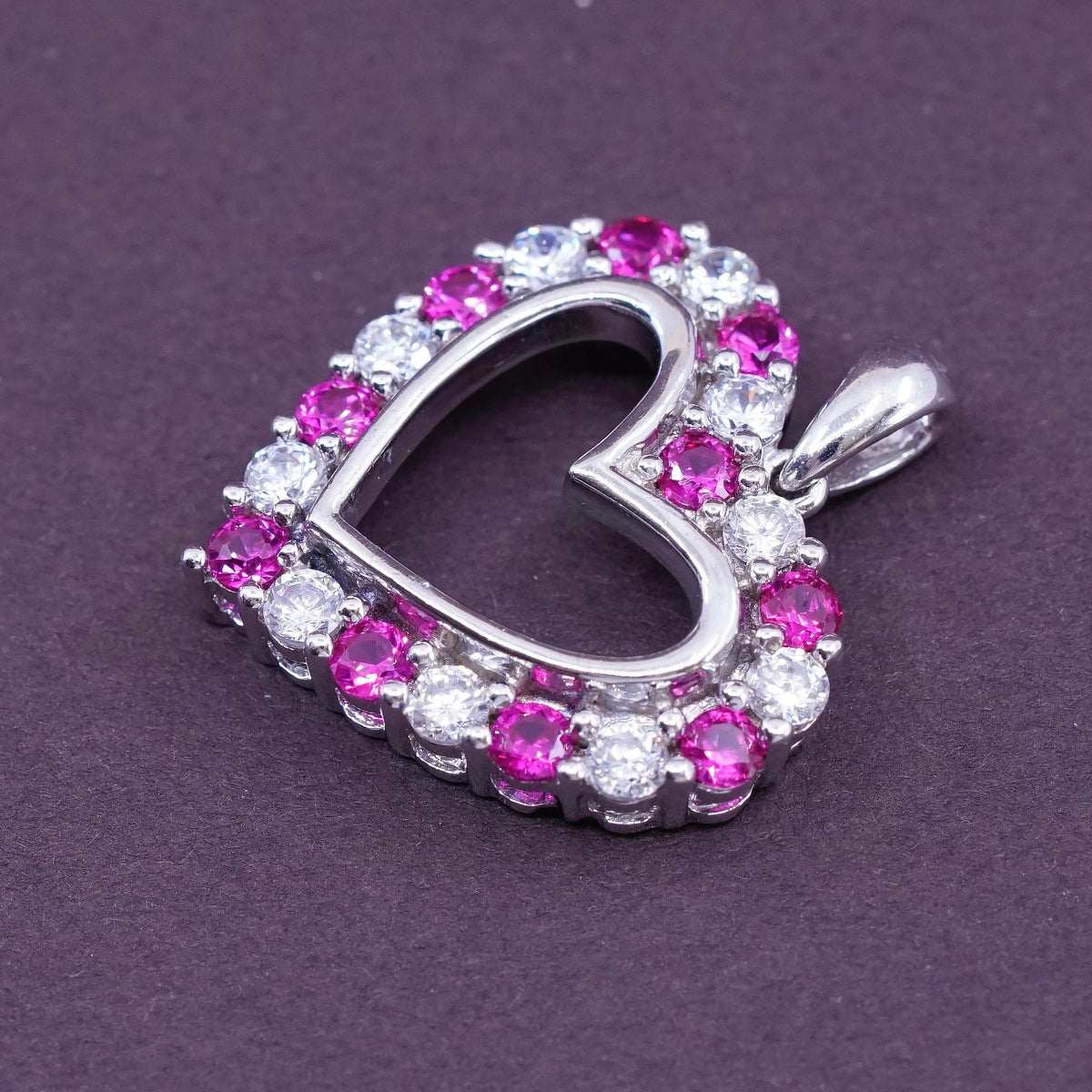 Vintage Sterling 925 silver heart shaped pendant with ruby and crystal