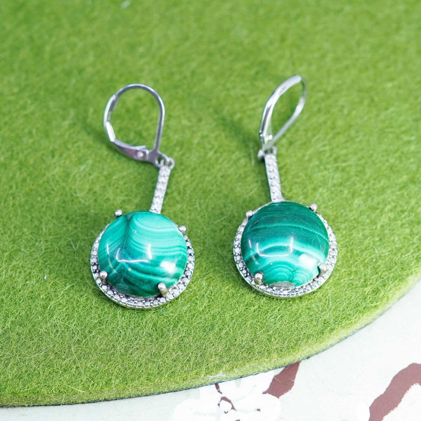 Vintage Karis sterling 925 silver handmade earrings with round malachite