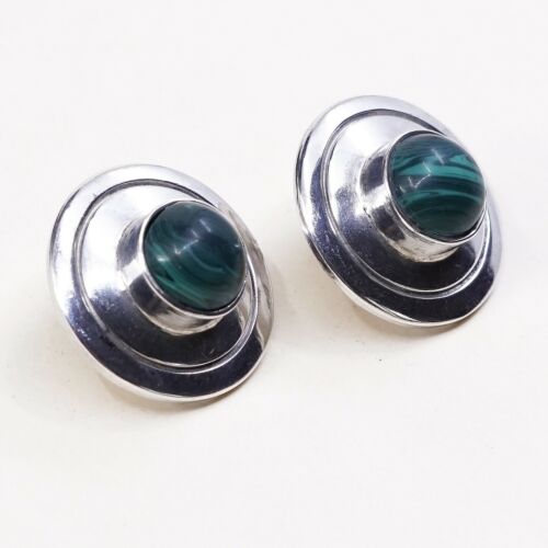 Vtg Mexico Sterling Silver Earrings W/ Malachite, 925 silver Studs