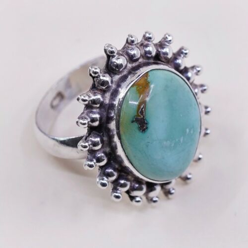Sz 7, Vtg Sterling Silver Handmade Ring W/ Oval Turquoise N Beads, Stamped 925
