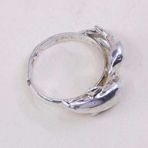 Sz Adjustable, Vtg Sterling Silver 925 Double Dolphin Band Ring, Silver Tested