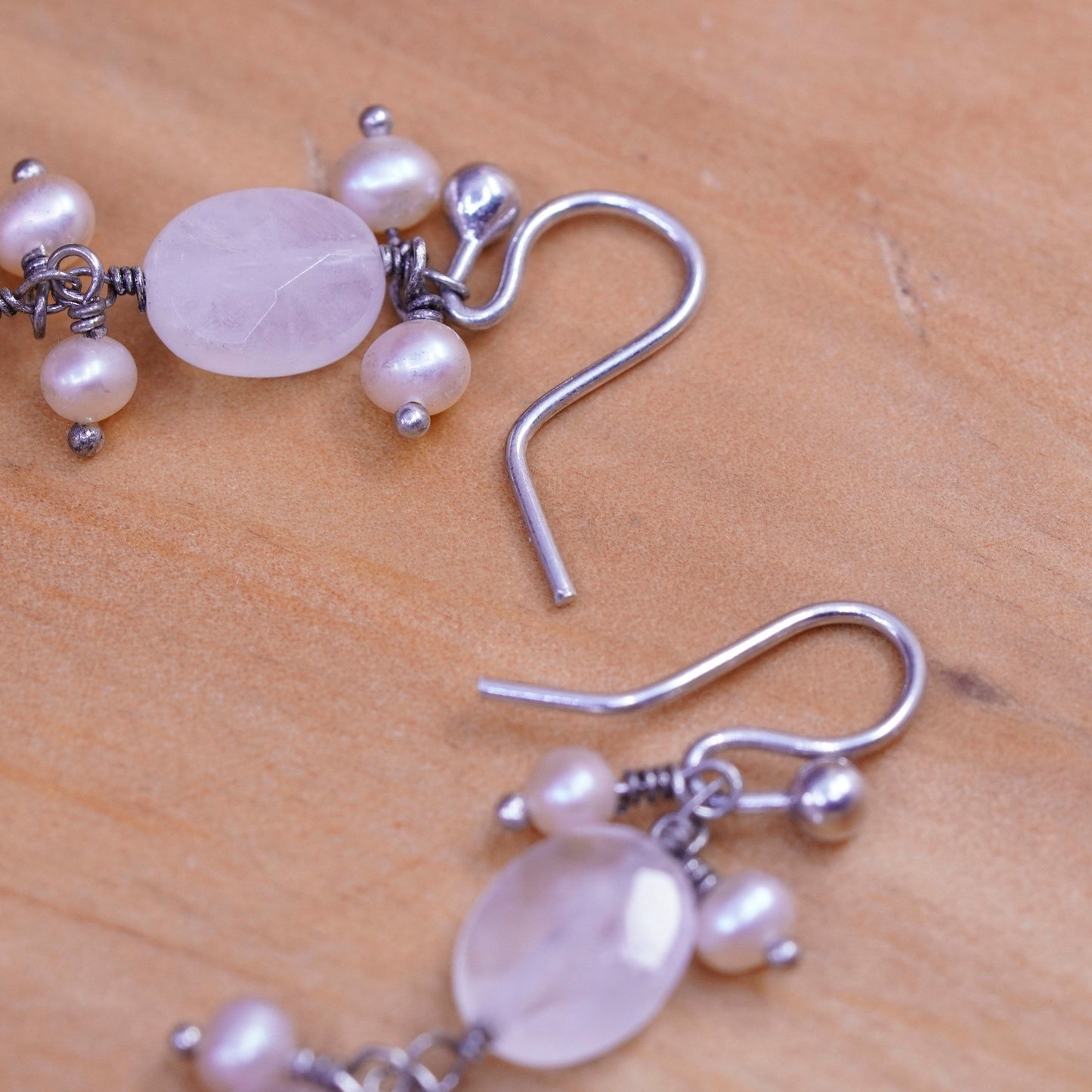 Vintage Mexico Sterling 925 silver handmade earrings w/ pink rose quartz pearl