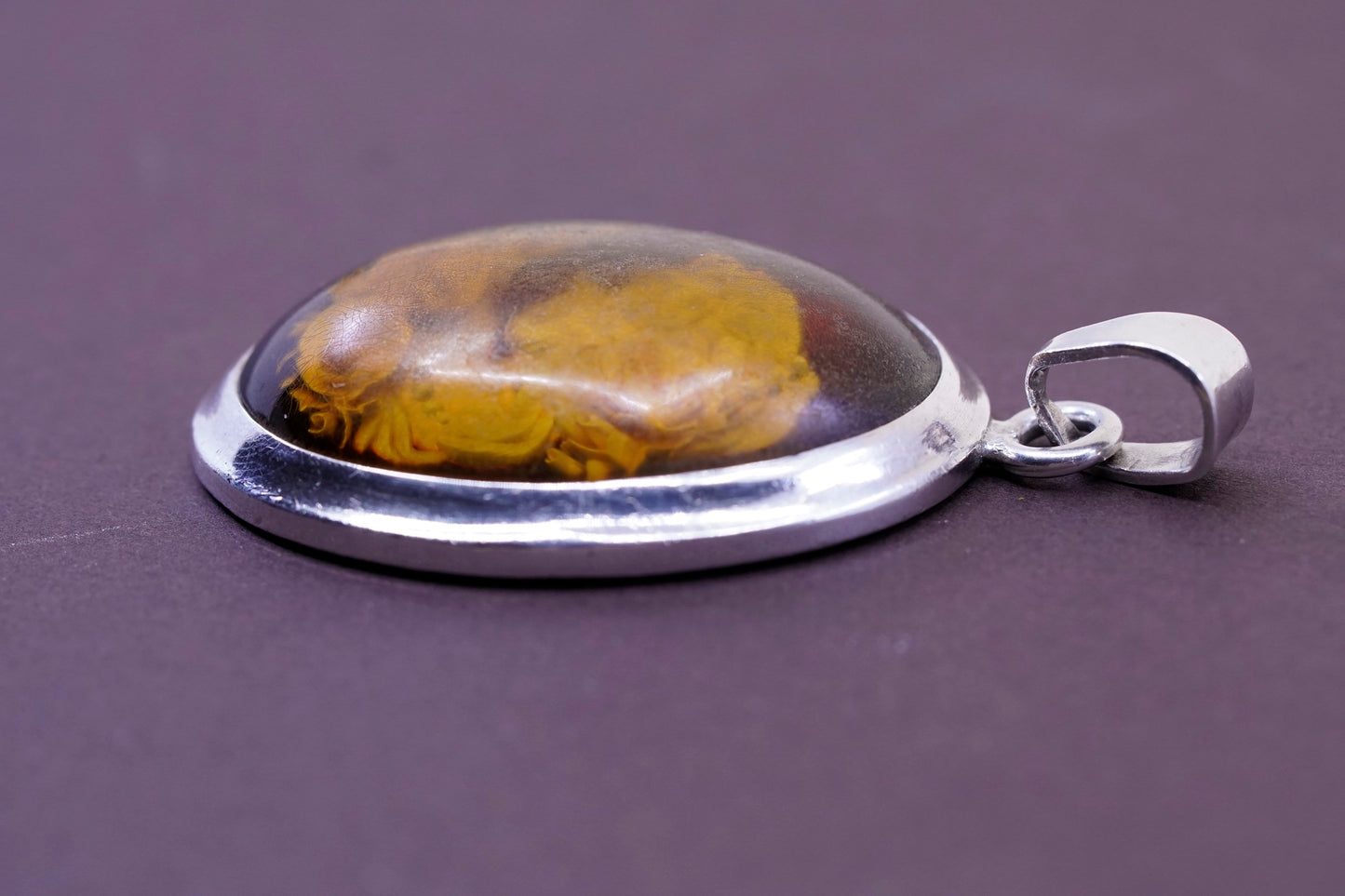 Vintage Sterling 925 silver handmade pendant with Amber cameo portrait