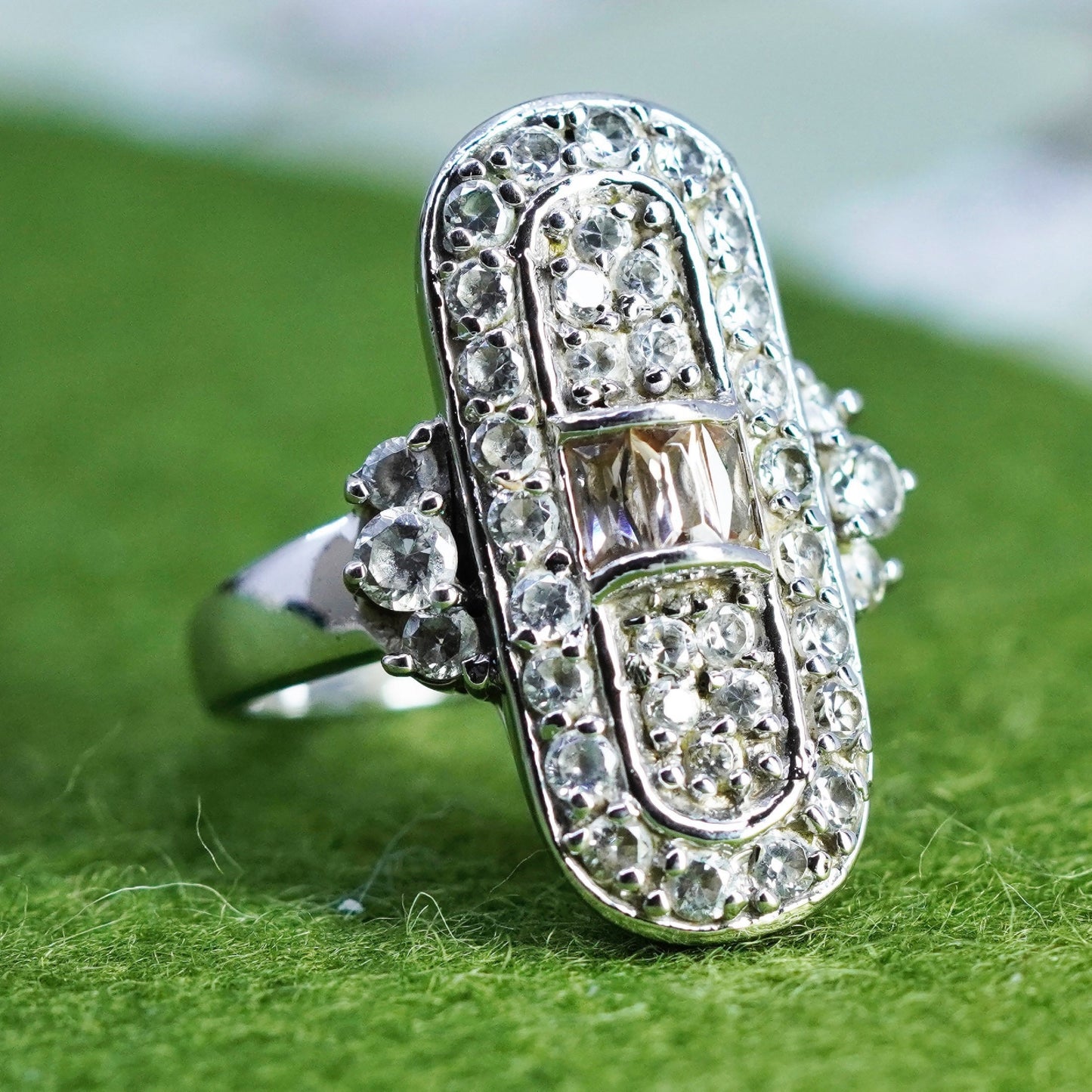 Size 7, vintage sterling 925 silver ring with cluster CZ, statement band