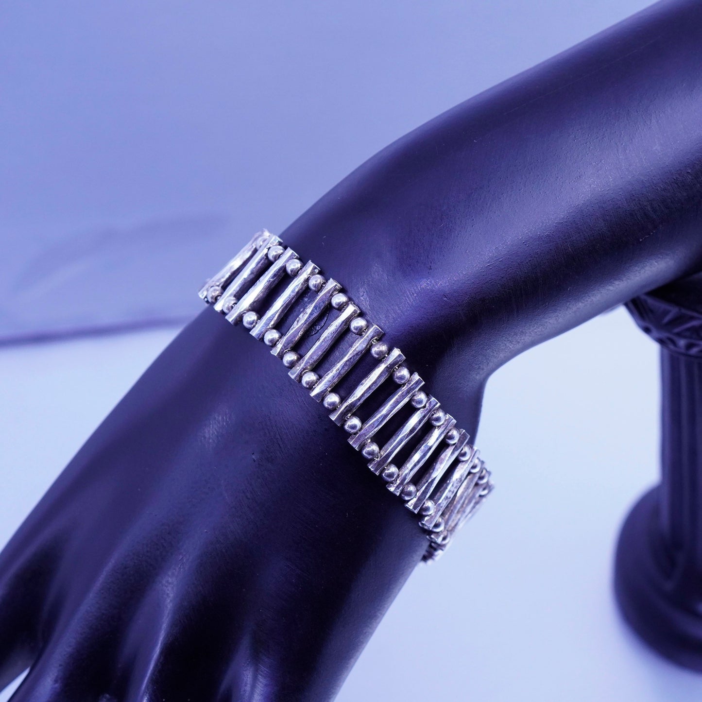 7.5”, Vintage Sterling 925 silver handmade bracelet, modern bar bead chain
