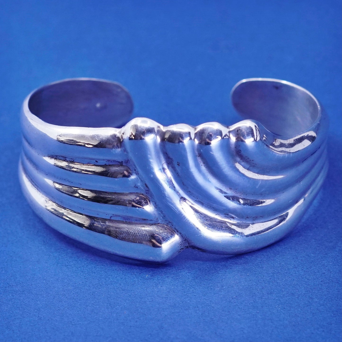 6.5”, vintage Sterling silver handmade bracelet, wide 925 ribbed wavy cuff