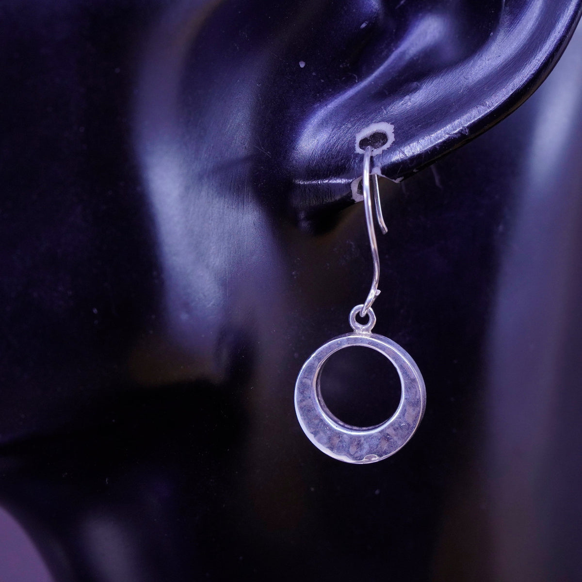Vintage handmade sterling silver earrings, 925 circle hammered dangle
