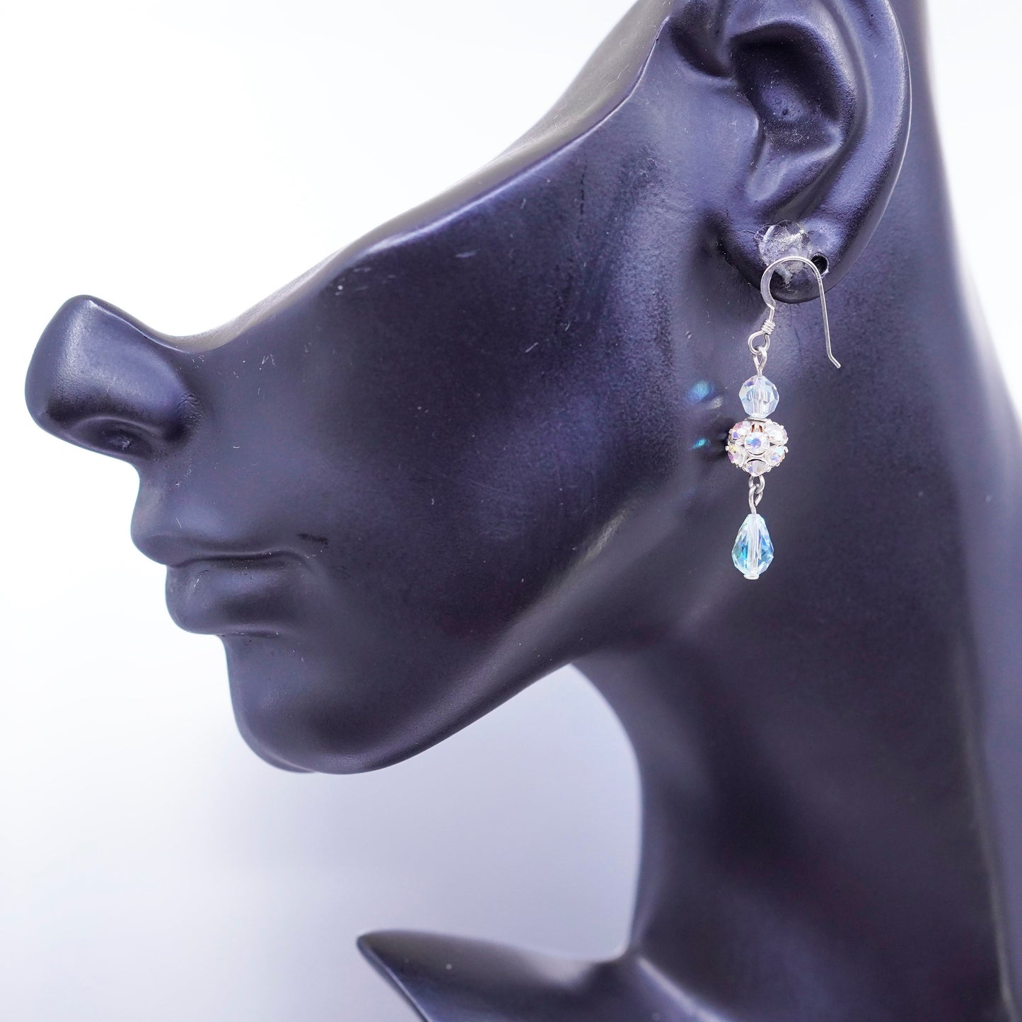 Vintage Sterling 925 silver handmade bead earrings with teardrop crystal