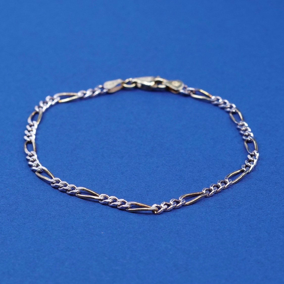 7", 3mm, vtg Sterling silver figaro bracelet, chain, stamped 925 Italy SU