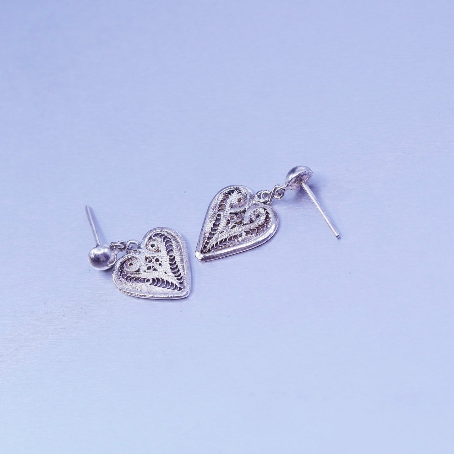 Vintage Sterling 925 silver handmade filigree heart earrings
