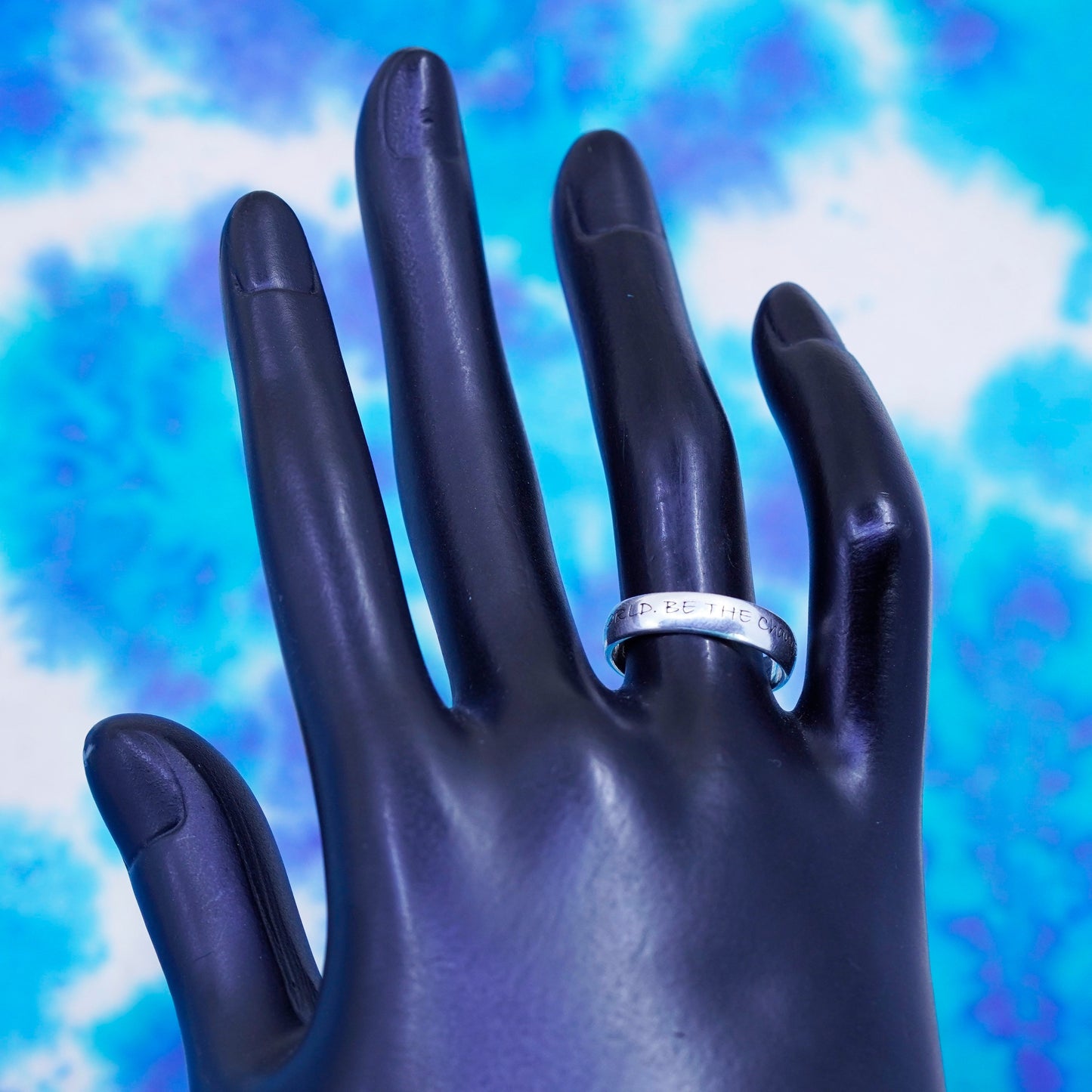 Size 7.25, Sterling silver ring, 925 stackable band "be change you want to see
