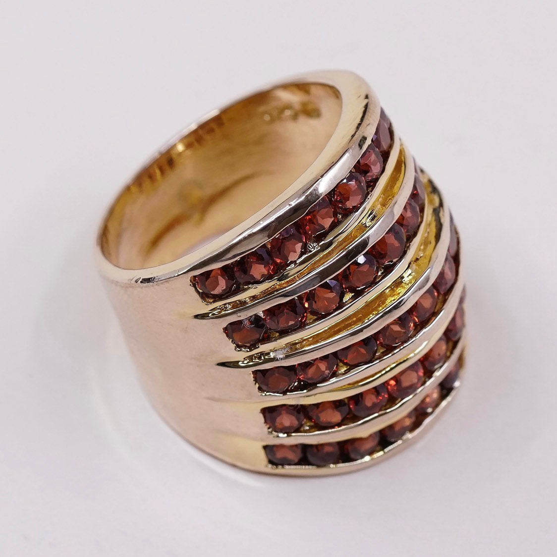 sz 10, vtg Vermeil gold over Sterling silver ring, 925 band w/ cluster ruby