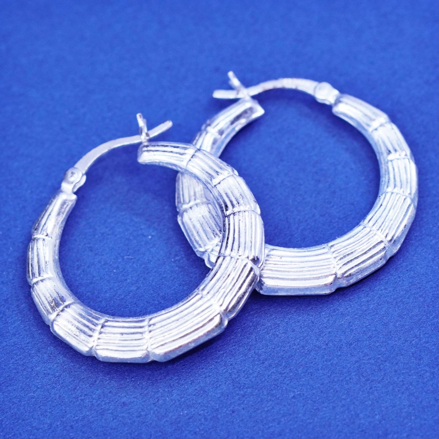 1.25”, Vintage Sterling silver handmade earrings, bamboo 925 hoops Huggie