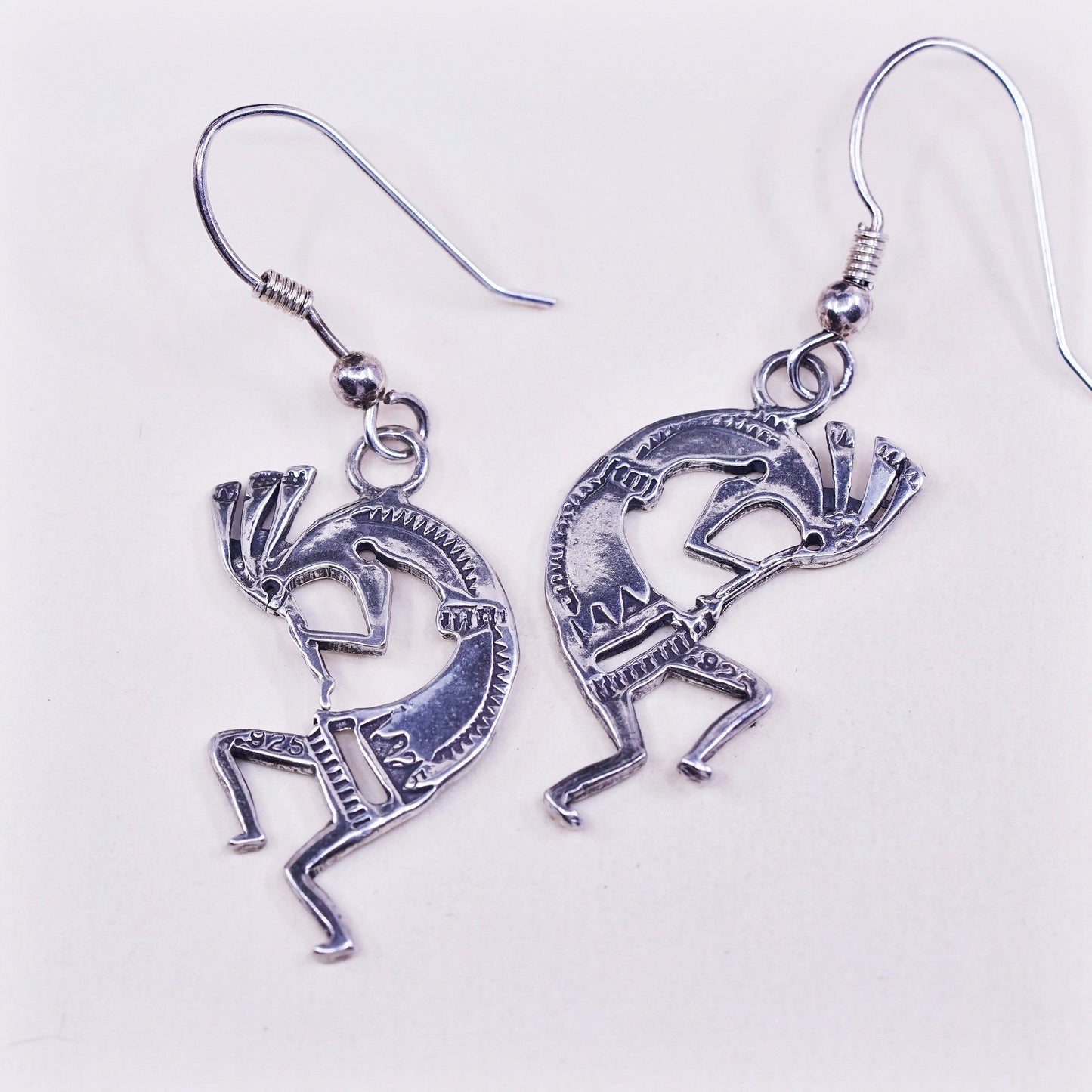 Vintage Sterling silver handmade earrings, fine 925 silver Kokopelli dangles