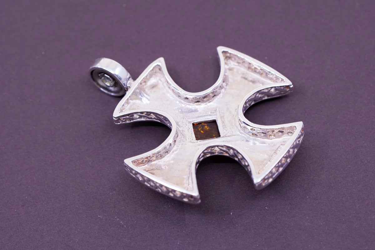 vtg ESPO Sterling silver pendant, 925 Jerusalem cross with filigree and amber