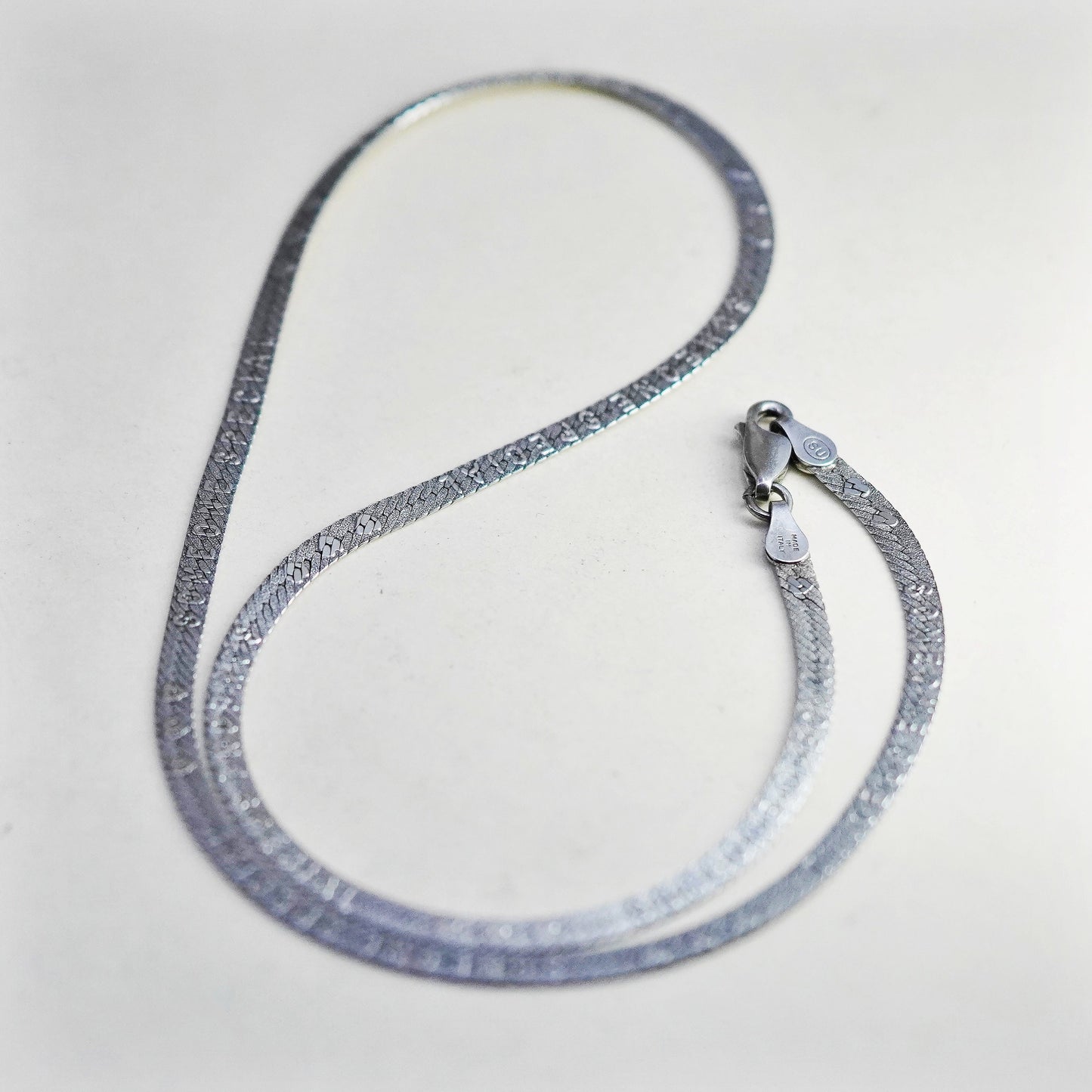 18”, VTG Italy sterling silver necklace, heart textured 925 herringbone chain
