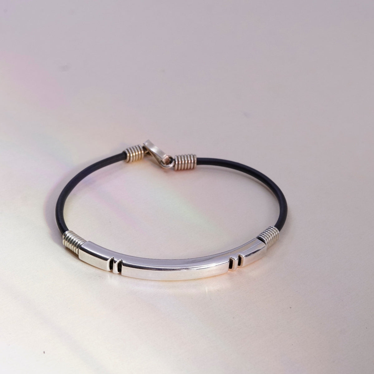 7”, Vintage black rubber chain with sterling 925 silver bar,