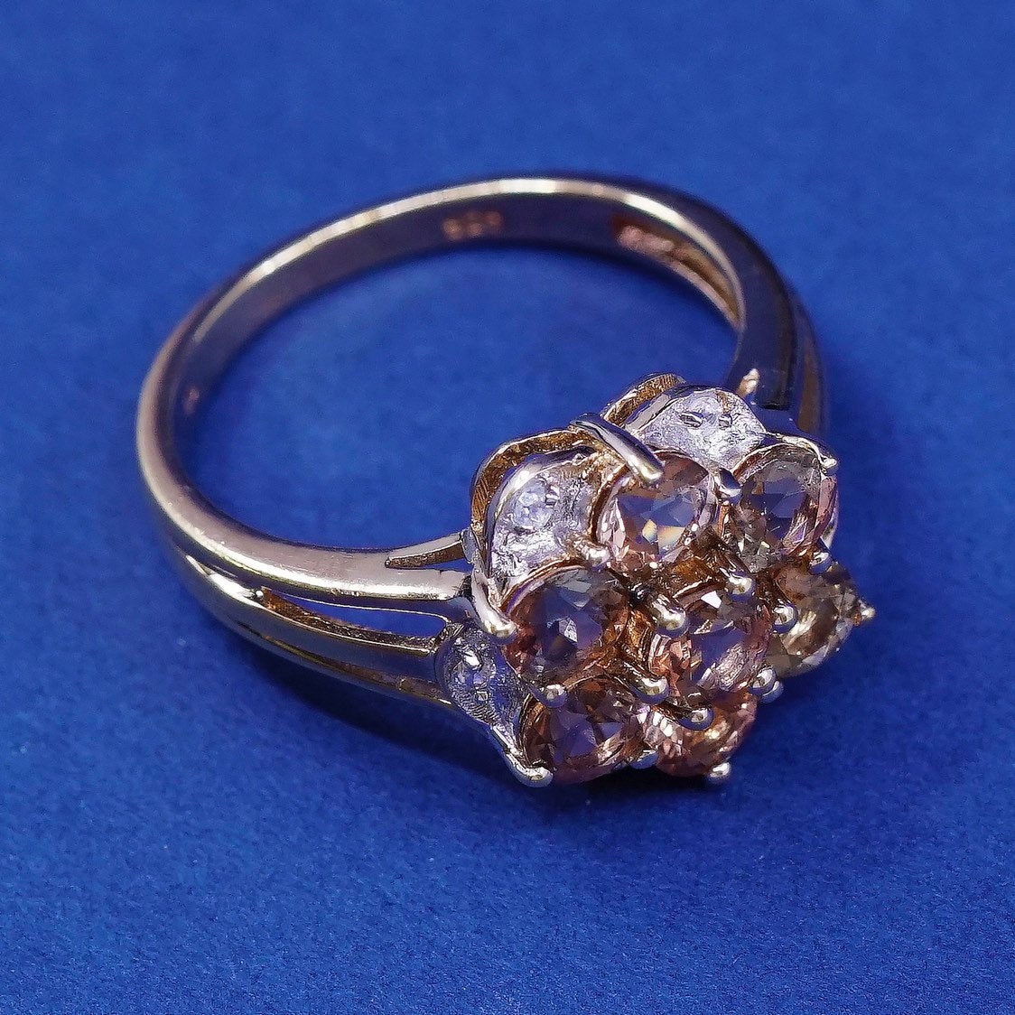 sz 7.25, vermeil gold sterling silver ring, 925 w/ orange topaz flower diamond