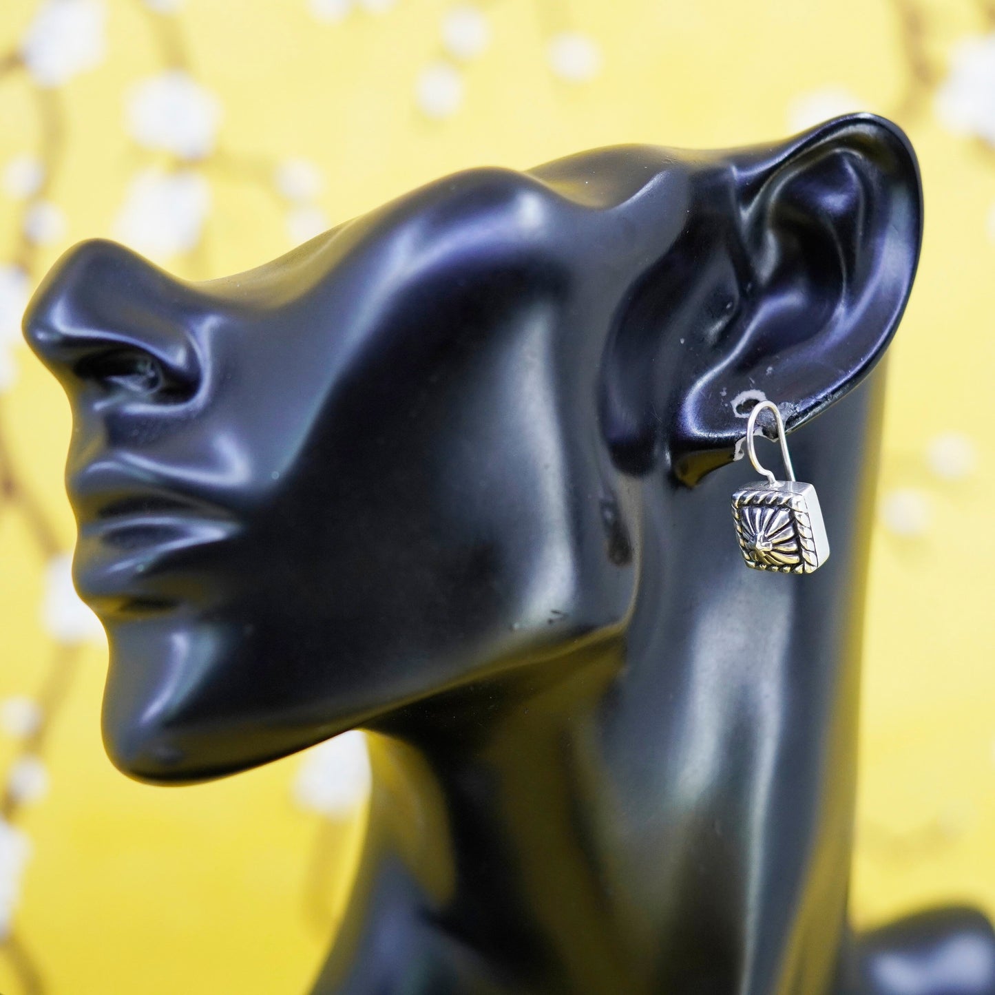 Vintage 925 Sterling Silver handmade square Shape Floral Earrings