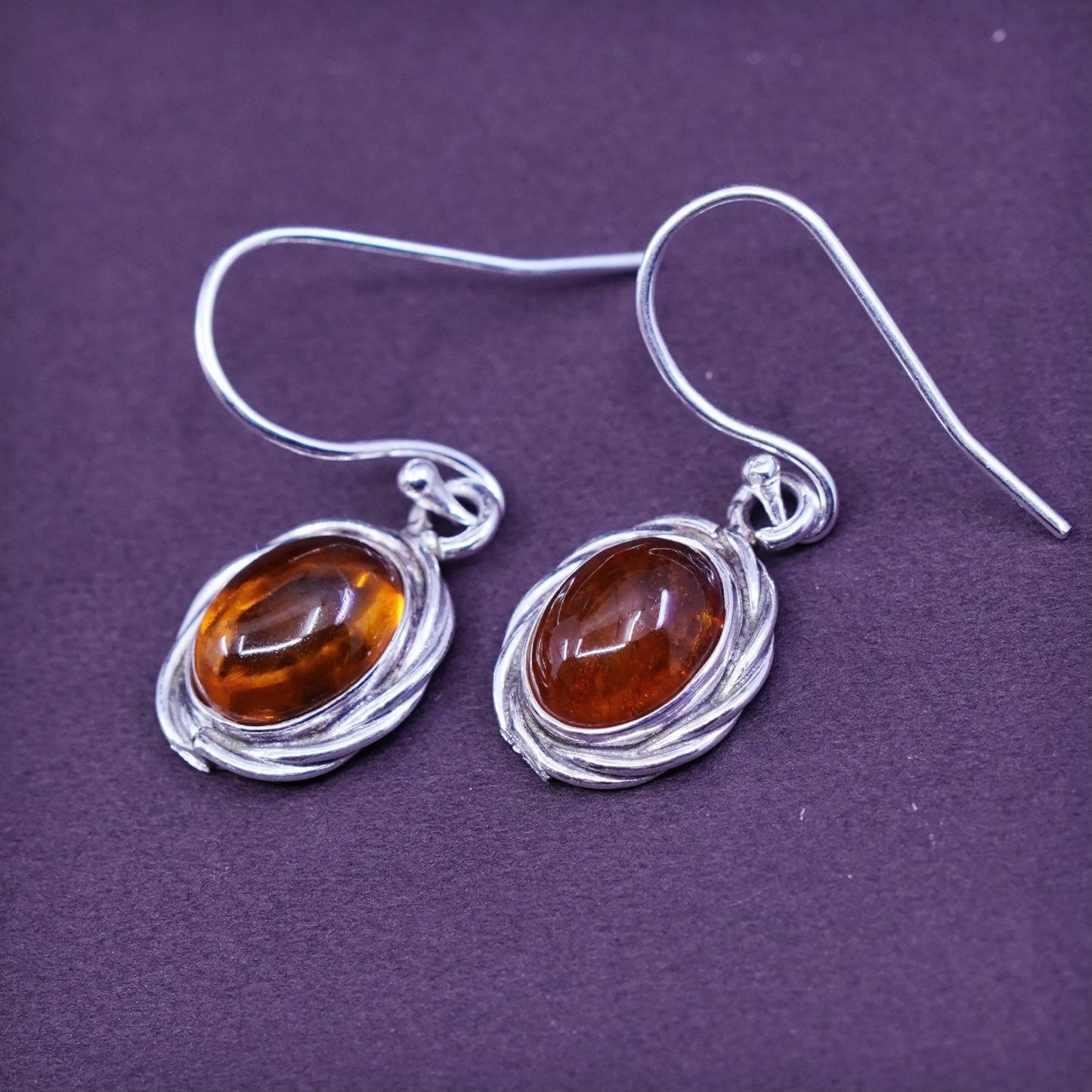 Vintage Sterling 925 silver handmade earrings with oval Amber