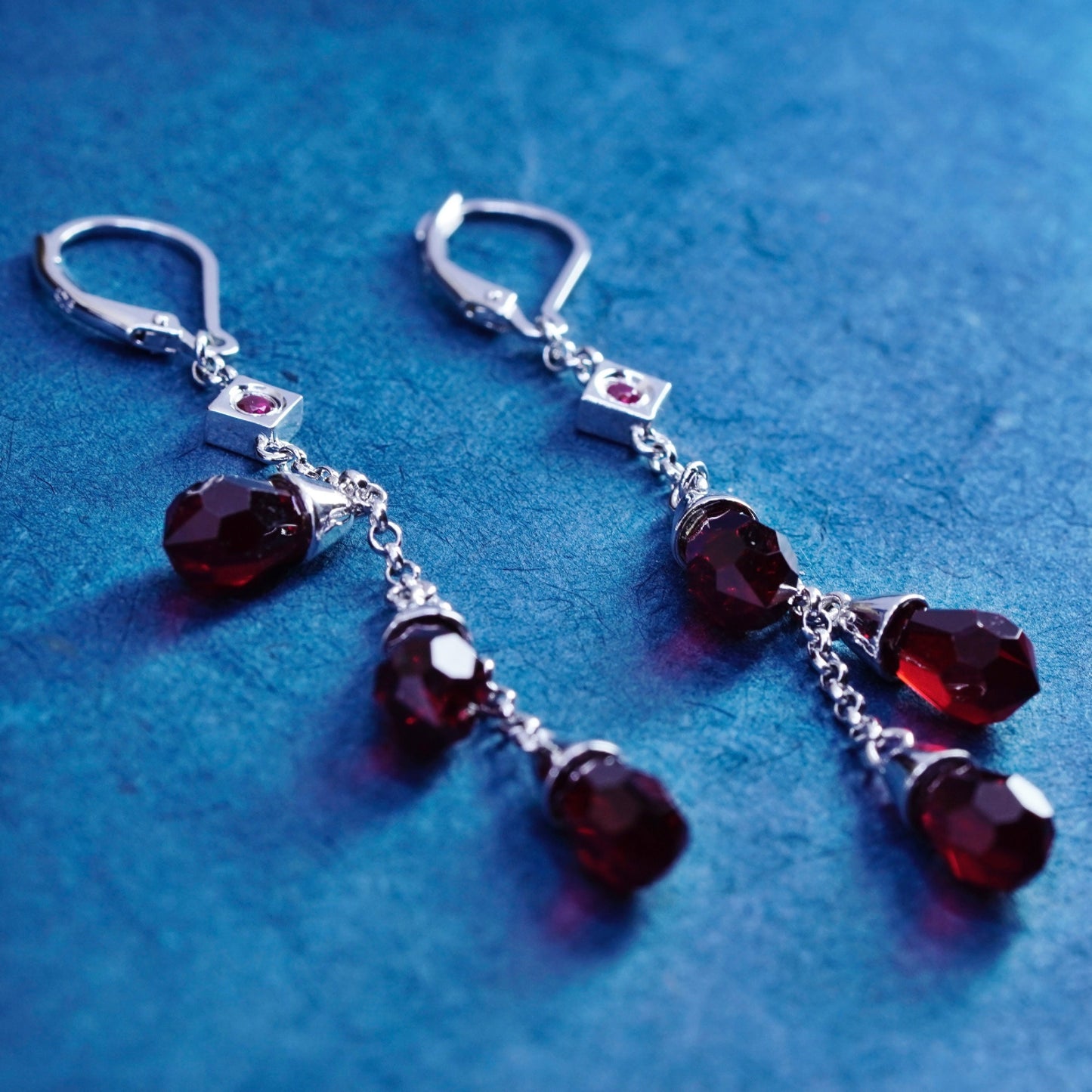 Designer Elle sterling 925 silver handmade earrings with teardrop ruby dangles