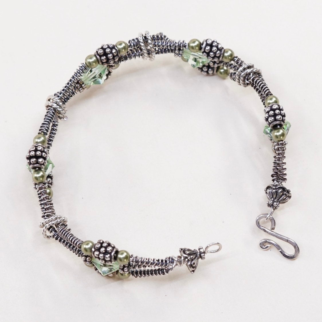 7", VTG sterling silver handmade bracelet, 925 bangle w/ beads N crystal